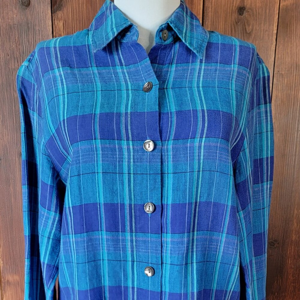 Vintage Chico’s Design 100% Linen Blue Madras Plaid Button Up Shirt Long Sleeves